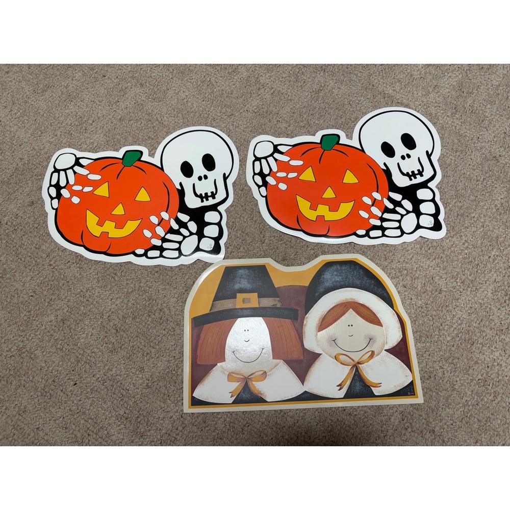 Vintage Halloween Skeleton Pumpkin & Thanksgiving Pilgrim Wall Window Decals 3pc